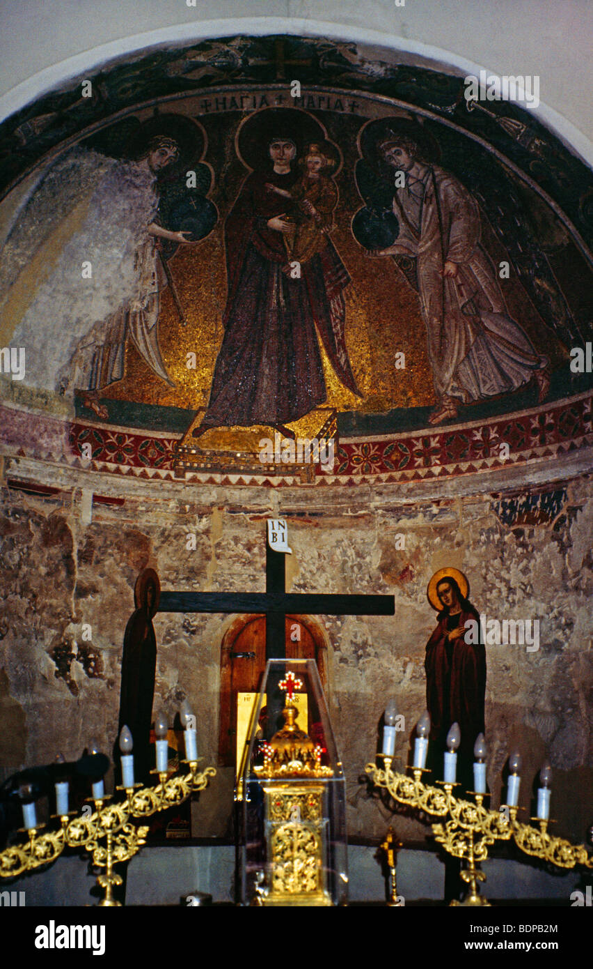 Kiti Village Cyprus Panagia Angeloktisi Church Interior Mosaic of Virgin Mary with Jesus Christ and Archangels Michael and Gabriel Stock Photo