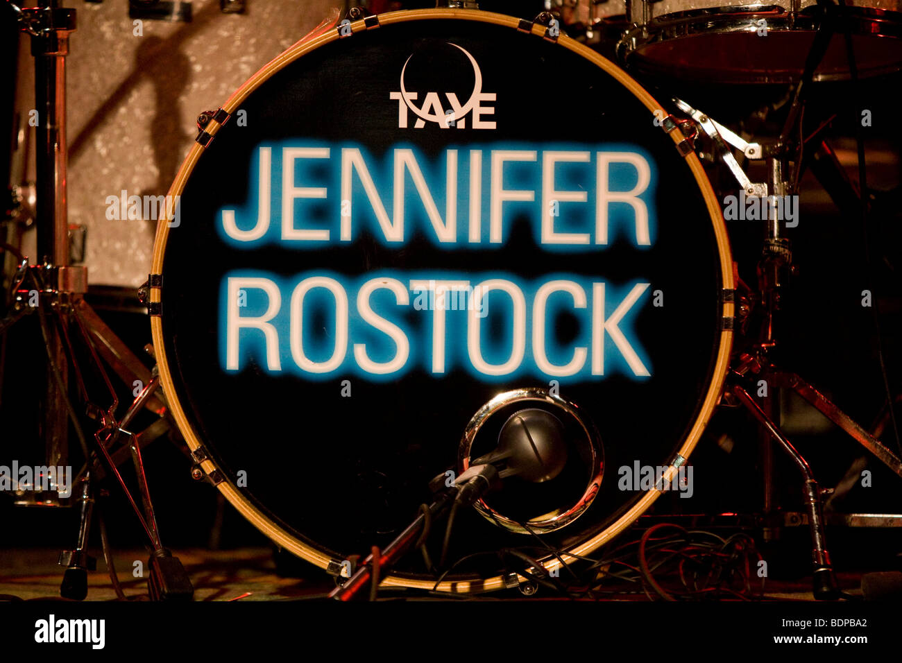 Logo, drums, Jennifer Rostock, German rock singer Stock Photo