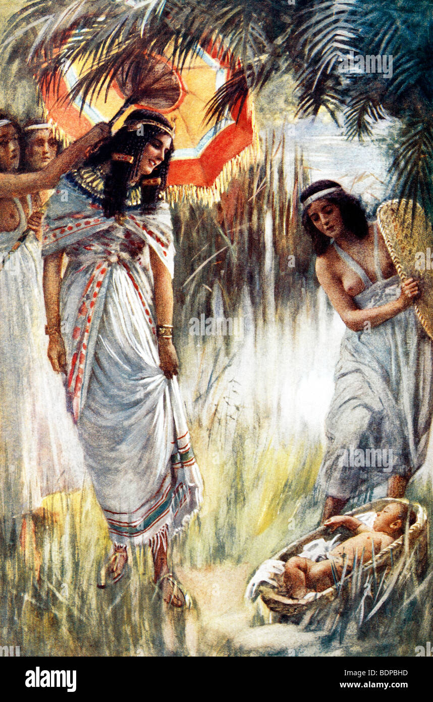 Painting of Pharaoh's Daughter in which she finds the baby Moses painted by Harold Copping Stock Photo