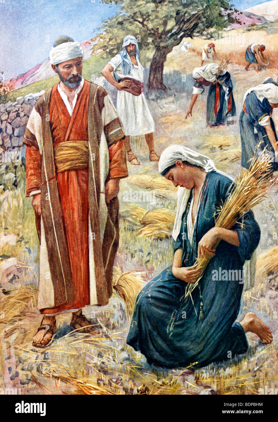 Painting of Ruth showing the moment she meets Boaz who will later become her husband painted by Harold Copping Stock Photo