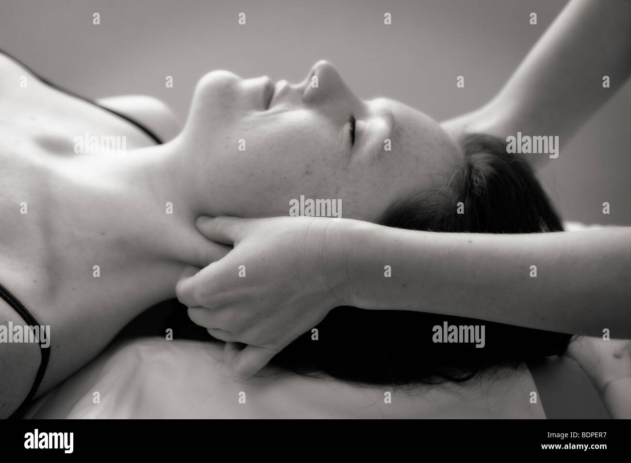 Handling of ECM muscle. Physical therapy (physiotherapy). Stock Photo