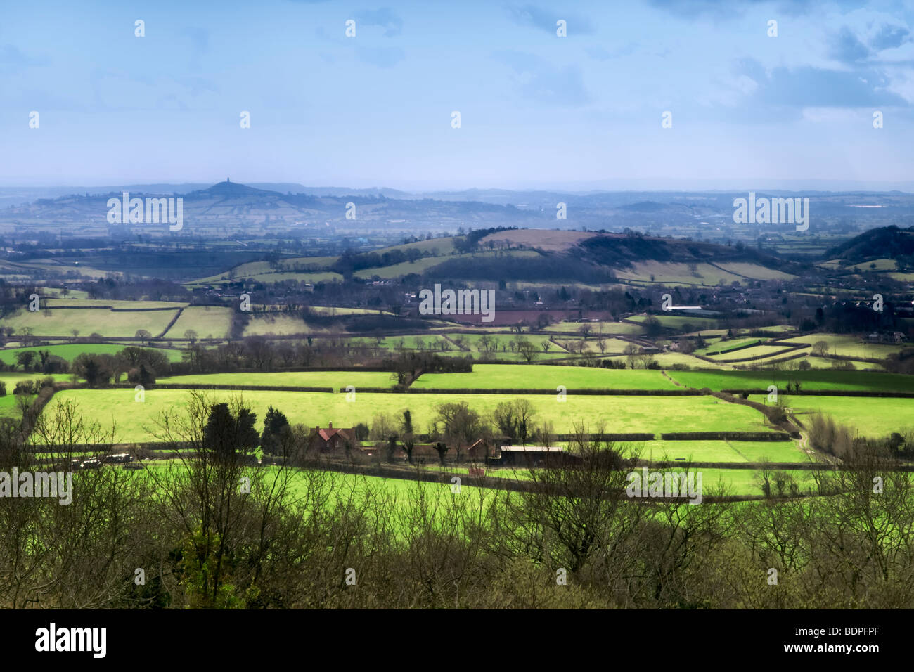 View from Ebbr Gorge looking over the Somerset levels to Glastonbury Tor Stock Photo
