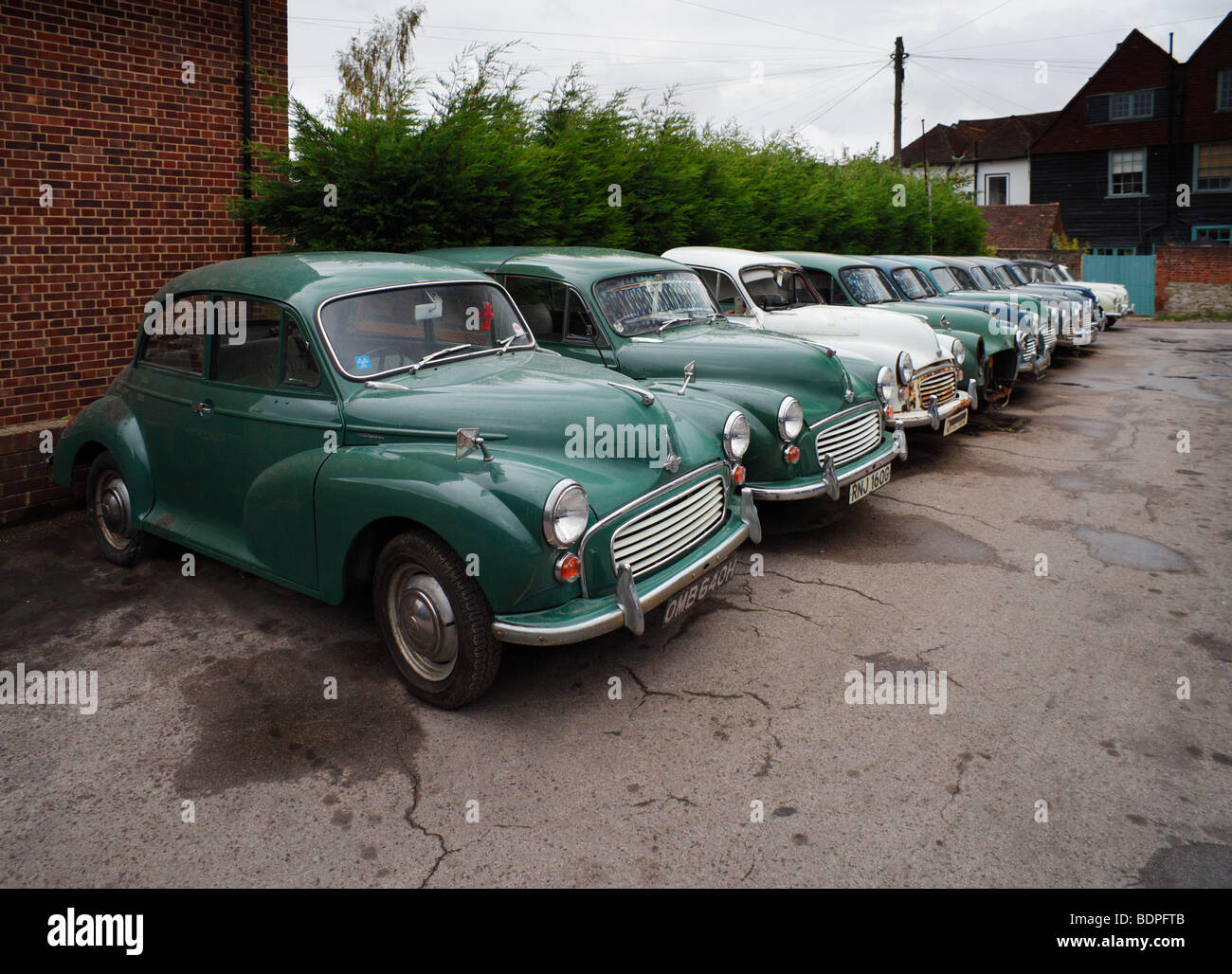 Row of old Morris Minor cars. King Street Motor Services, West Malling