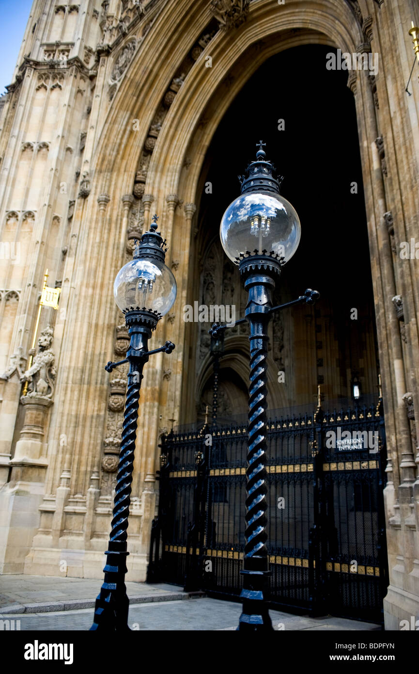Lamposts outside the Sovereigns Entrance to the House of Lords in London. Stock Photo