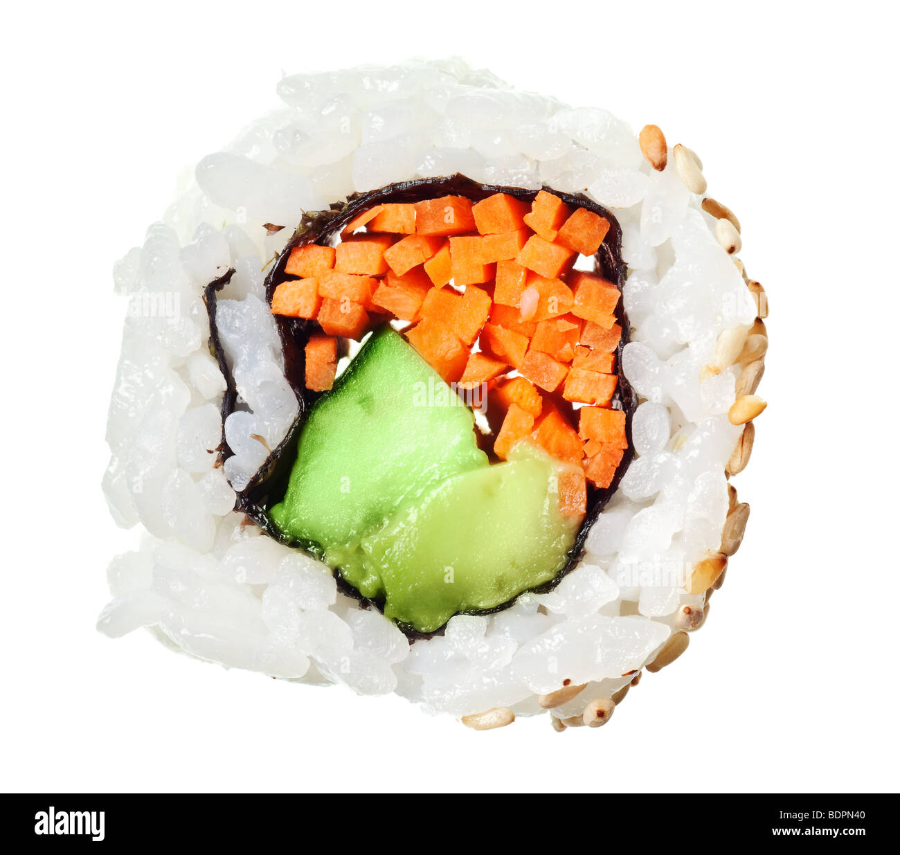 Vegetarian sushi California roll with rice and seaweed isolated on white background Stock Photo