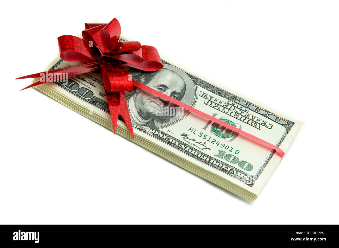 Money tied red ribbon isolated on white Stock Photo