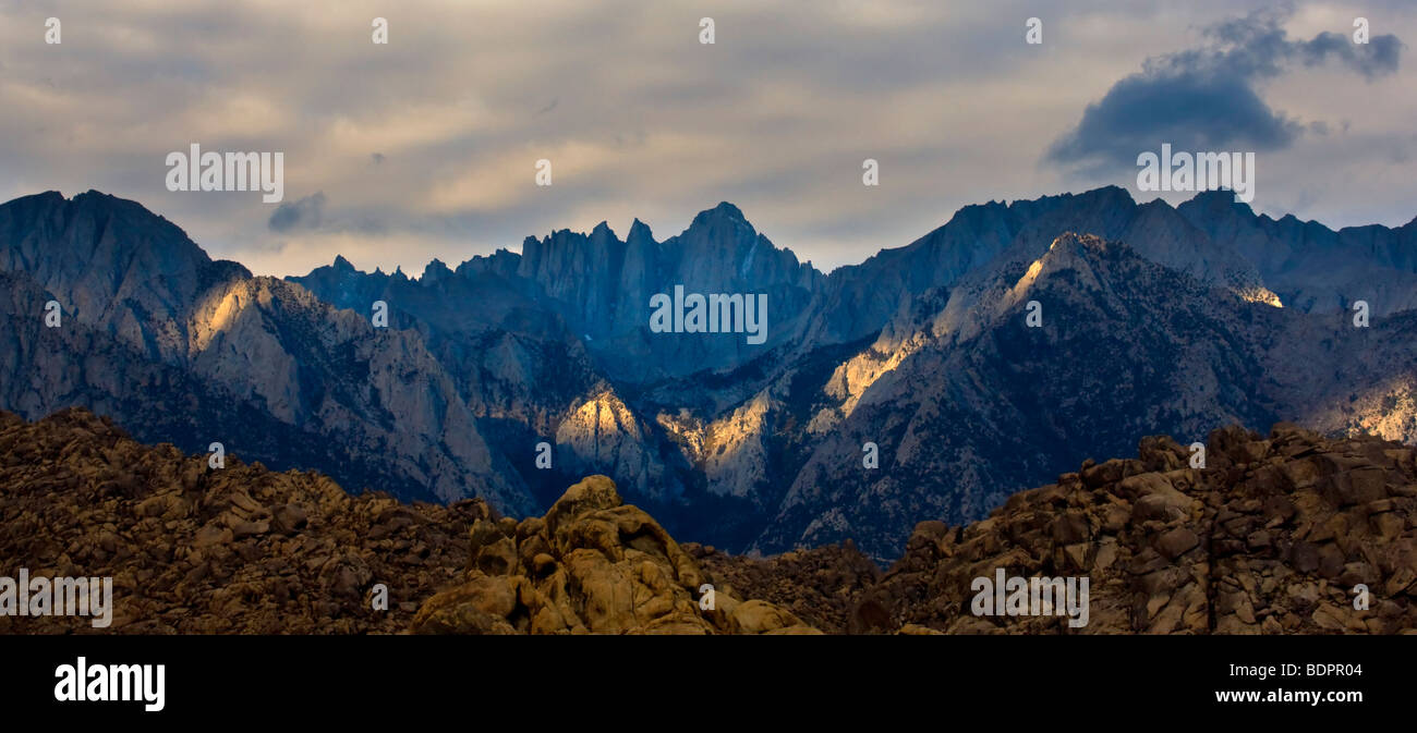 A stormy morning sky hangs over Mt. Whiney as seen from the Alabama Hils near Lone Pine, California, USA. Stock Photo