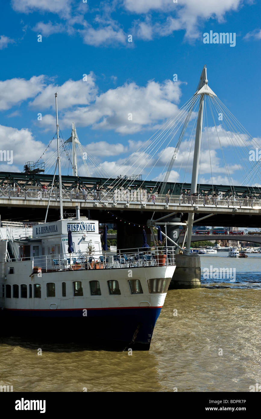 The Hispaniola moored on the River Thames in London.  Photo by Gordon Scammell Stock Photo