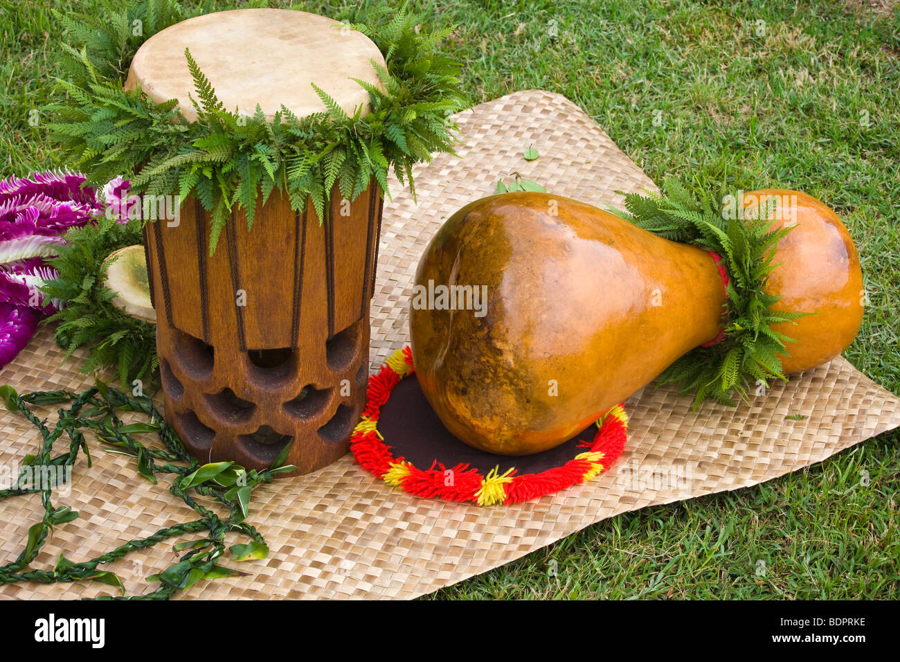 Implements for Hawaiian Hula including drum (L) and ipu with assorted leis resting on a lauhala matt. Stock Photo