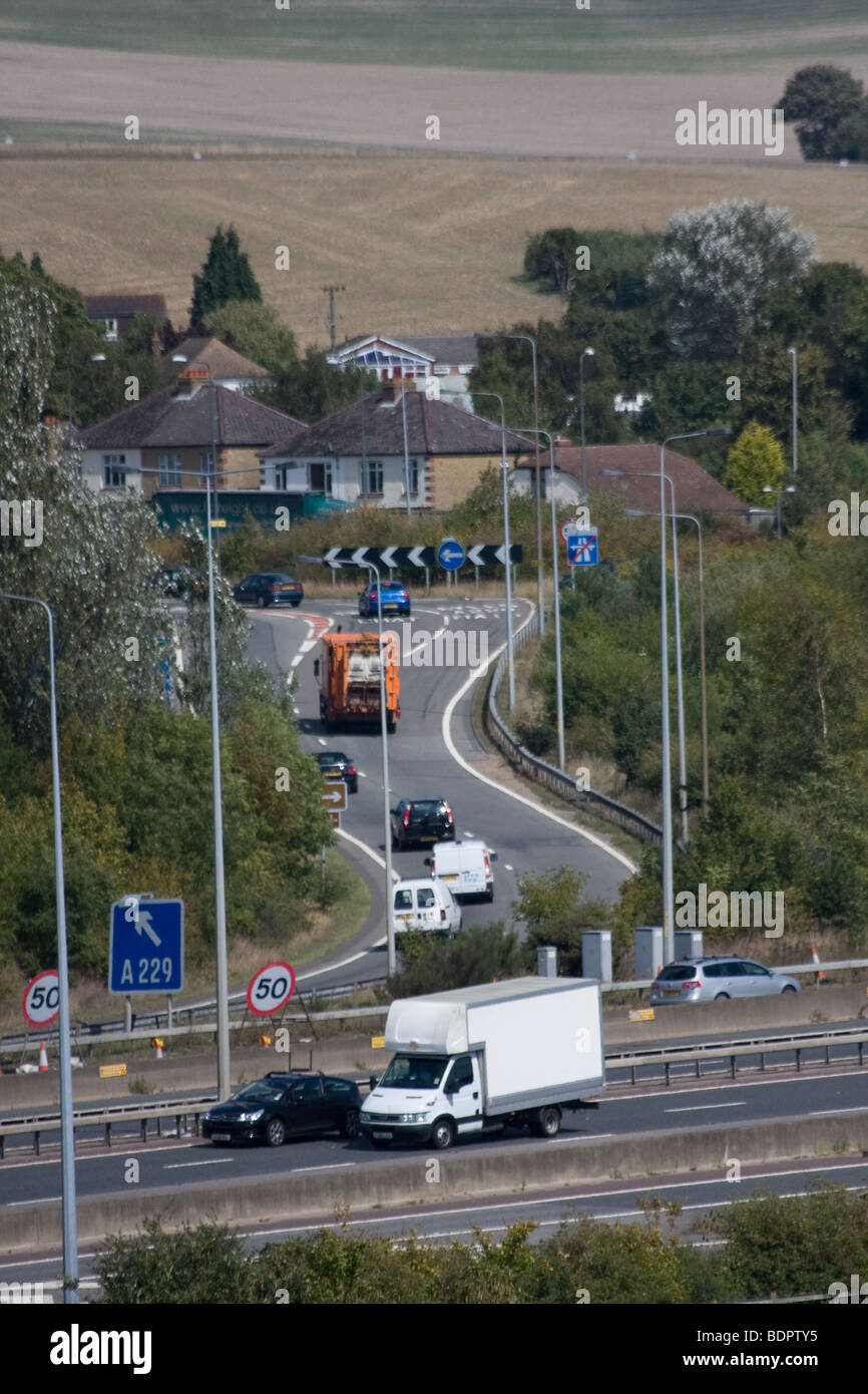 lorry van tree lined slip road M20 motorway aerial view allington