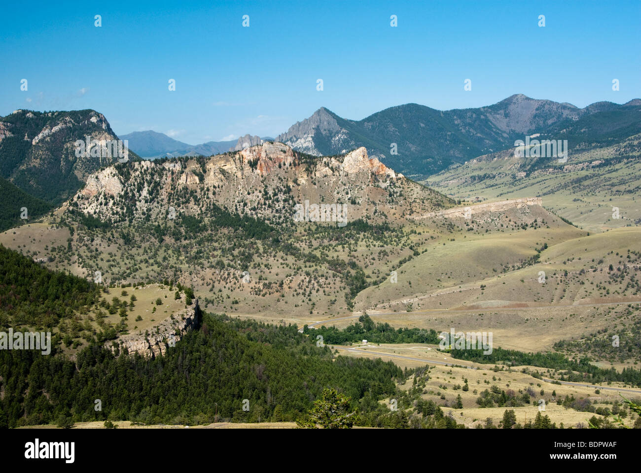 View of the mountains and valleys along Chief Joseph Scenic Byway in Wyoming. Stock Photo