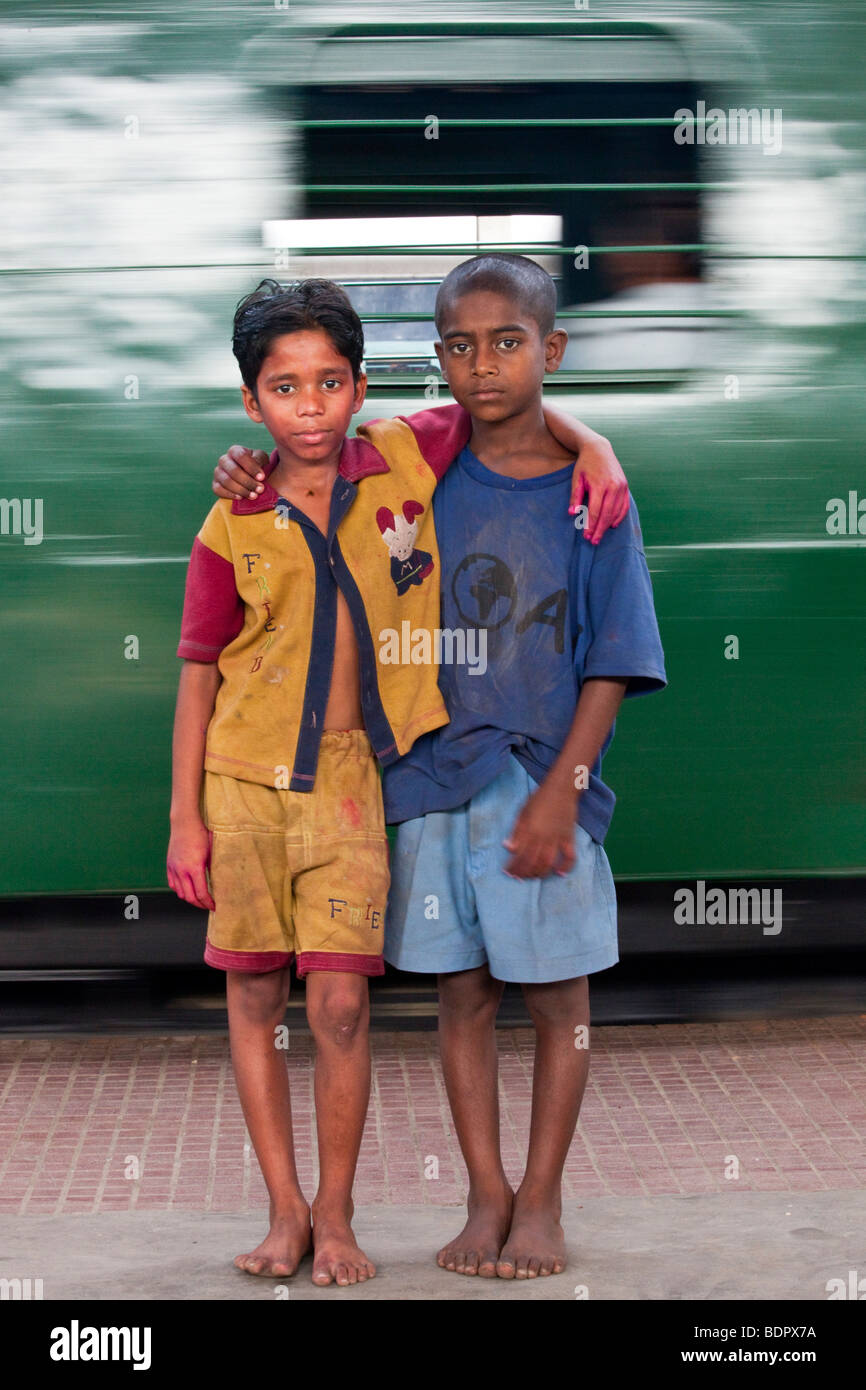 Homeless Boys Begging at the Sealdah Railway Station in Calcutta India Stock Photo