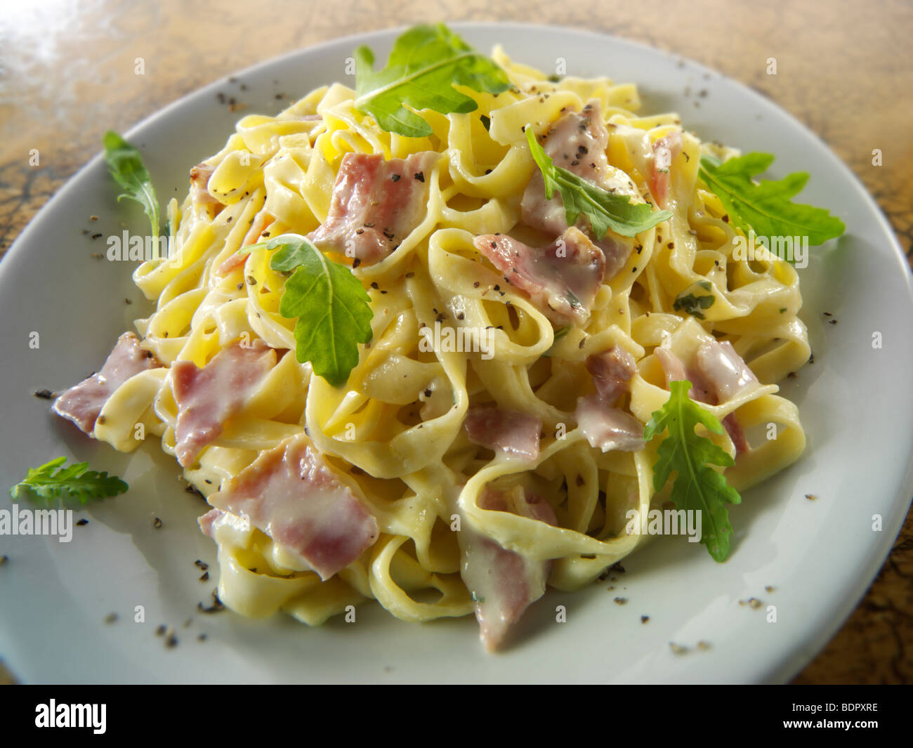 tagliatelli with cabonara sauce Stock Photo