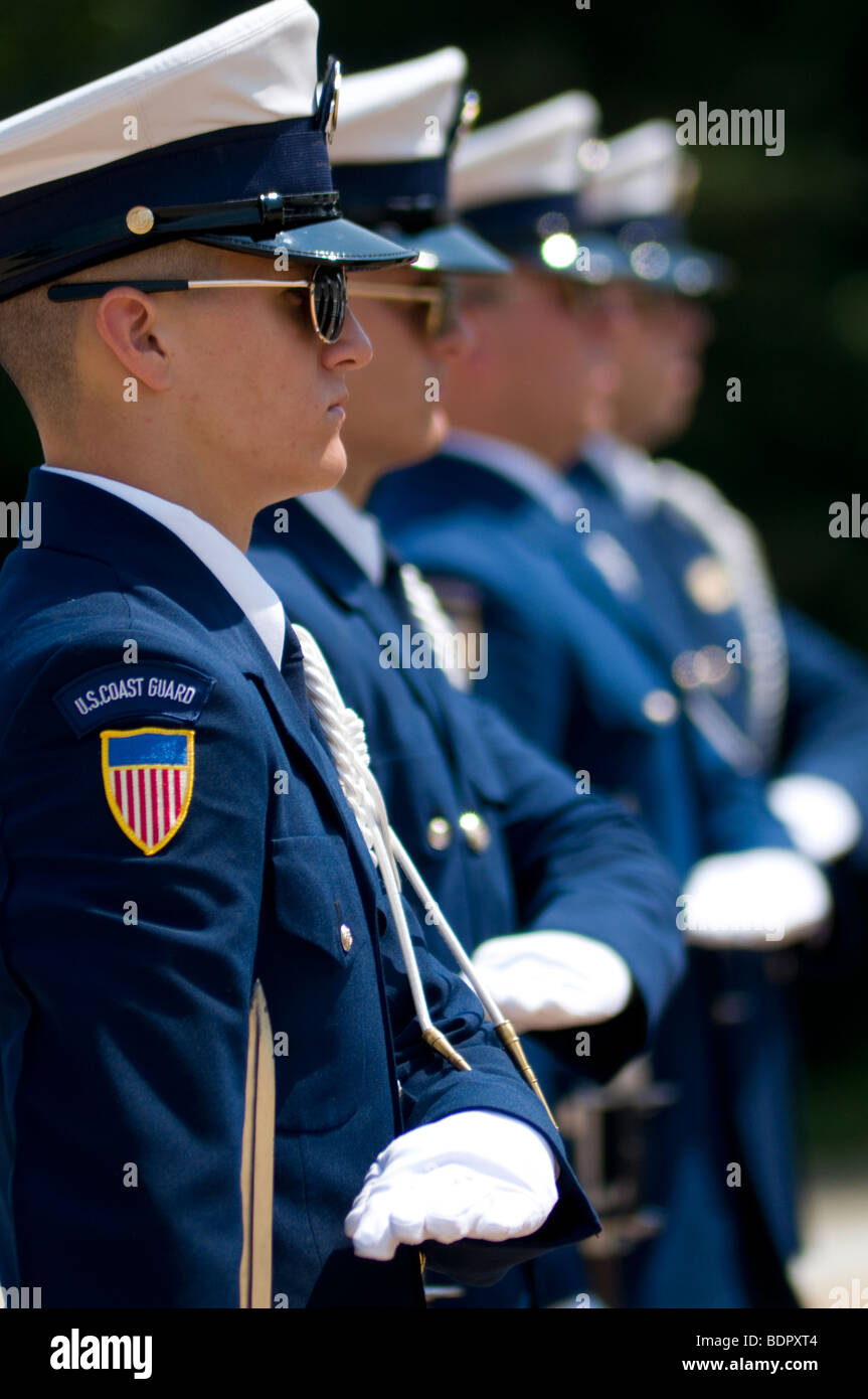 The US Coast Guard Silent Drill Team, part of the Honor Guard, performing at the Jefferson Memorial in Washington, DC. Stock Photo