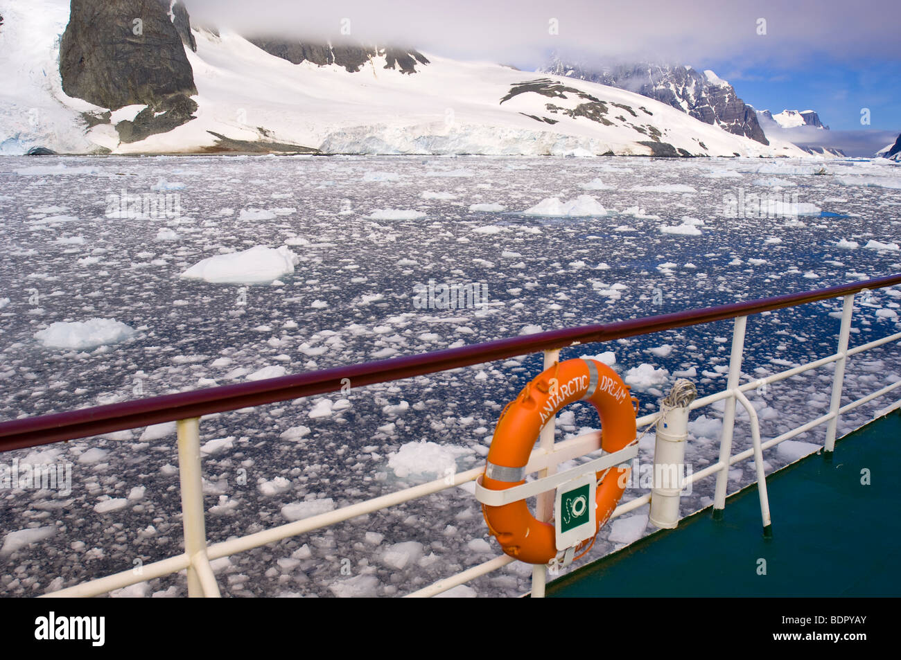 Life ring Antarctic Dream in Lemaire Channel, Antarctica. Stock Photo