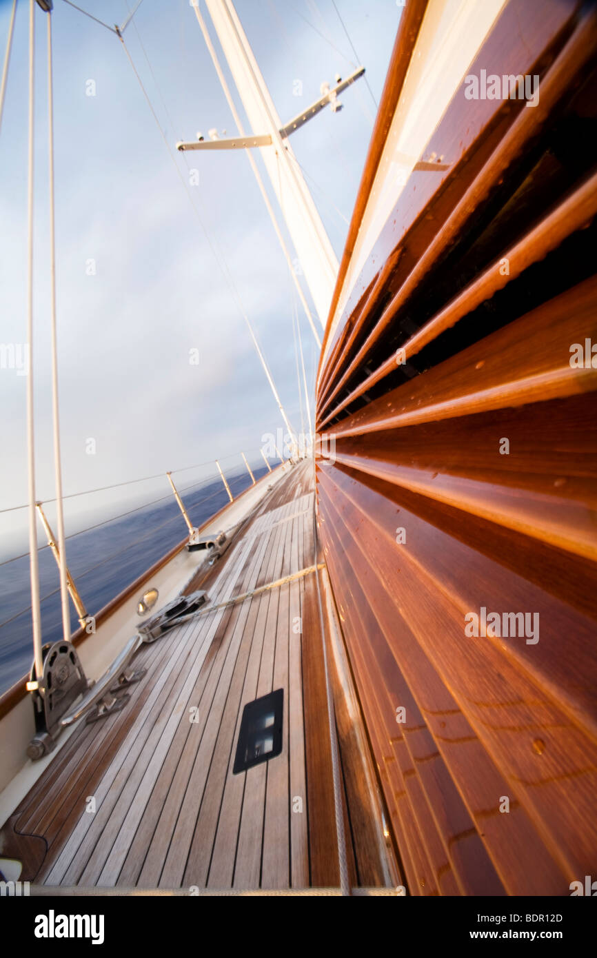 The varnished wooden slats on a yachts vents in the middle of the North