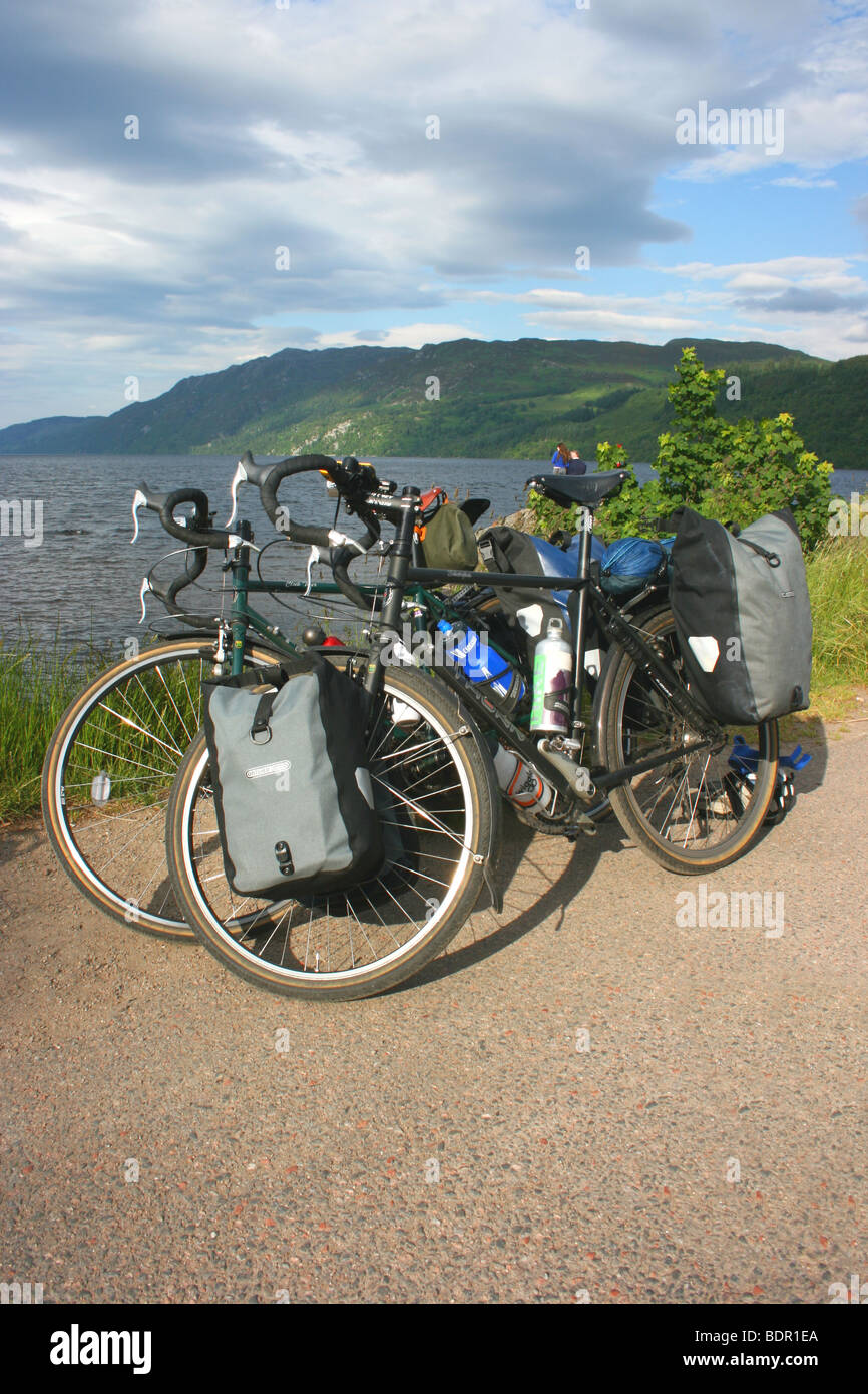 bicycles parked next to Loch Ness, at Fort Augustus, Scottish Highlands Stock Photo