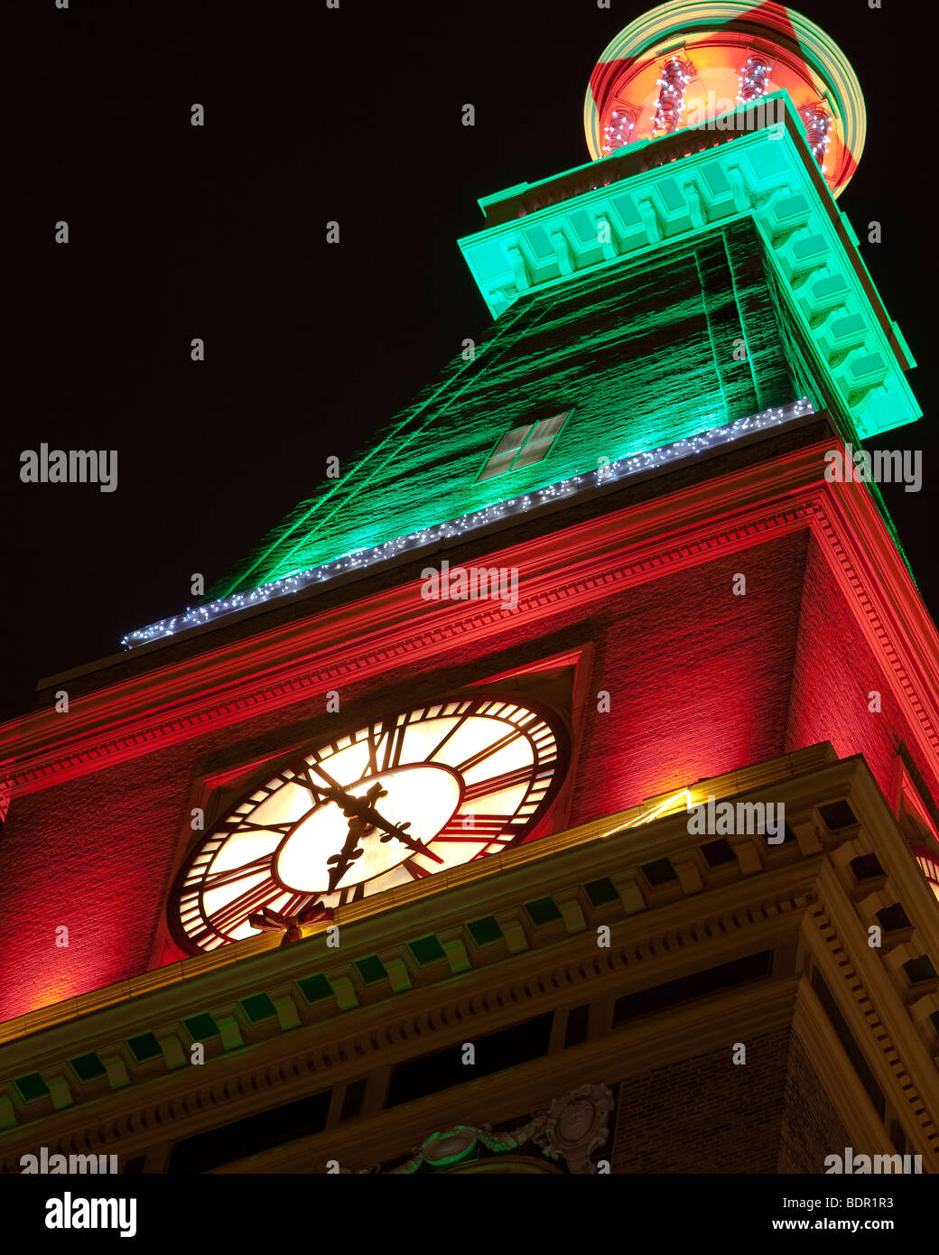 Daniels & Fisher Clock Tower illuminated for the Christmas season