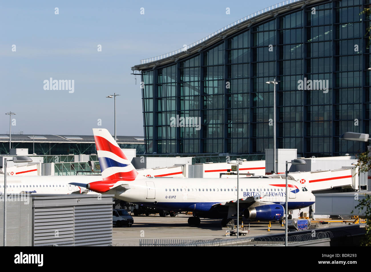 British Airways Airbus A320 in front of Terminal 5, London Heathrow Airport, UK. Stock Photo
