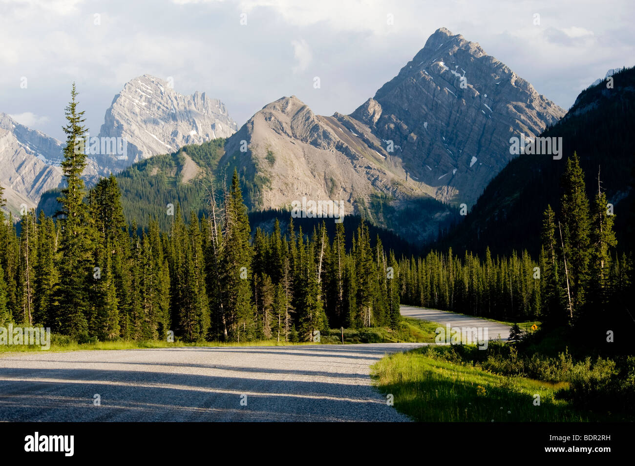 Sunset on Spray Lakes Road near Canmore and Banff in the Canadian Rockies, Alberta, Canada Stock Photo