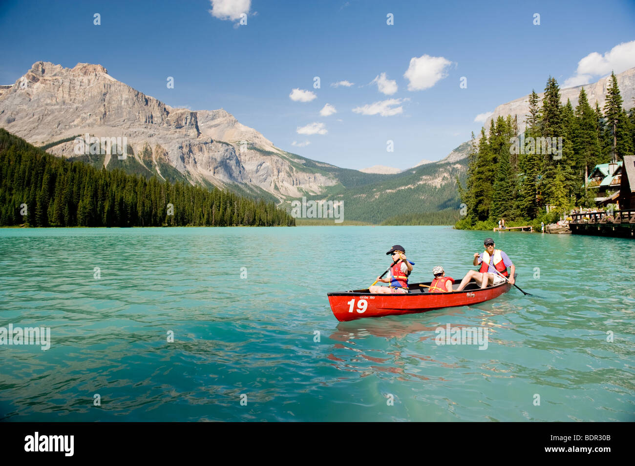 Canoeing on Emerald Lake, Yoho National Park, BC, Canada Stock Photo