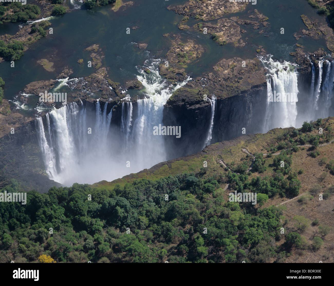 Zimbabwe, Victoria Falls, aerial view of the Zambezi River and the Victoria Falls Stock Photo
