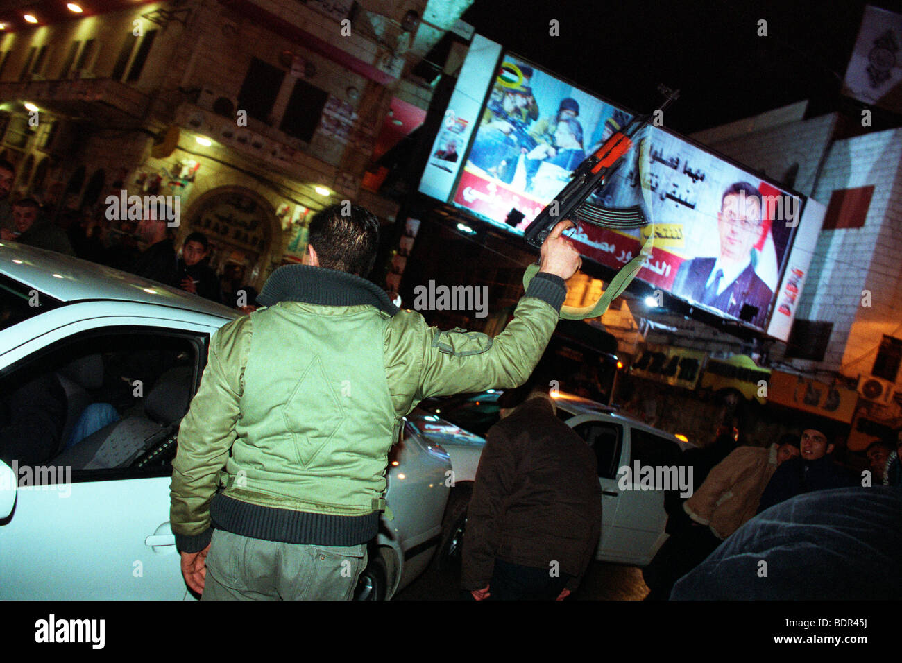 Al Fatah militant celebrating the Abu Mazen victory during the 2003 elections in Ramallah, Palestine Stock Photo