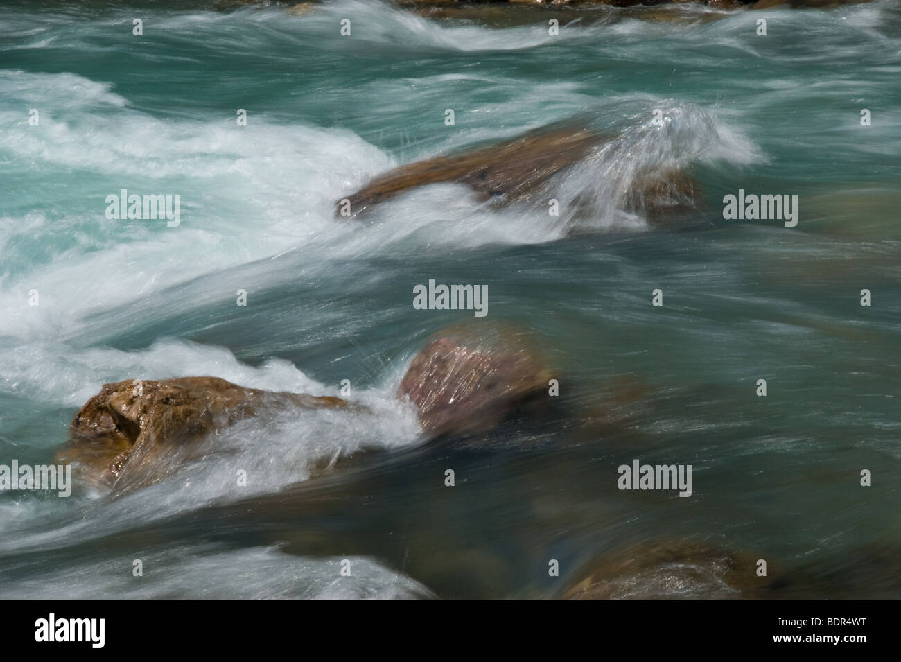 Bow River tumbling over rocks at Lake Louise, Alberta, Canada Stock