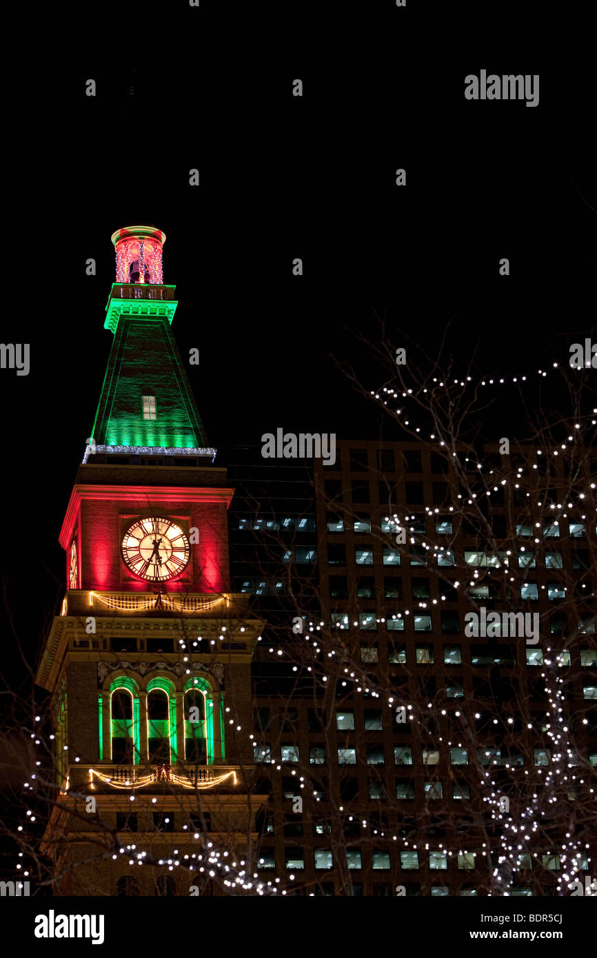 Daniels & Fisher Clock Tower illuminated for the Christmas season