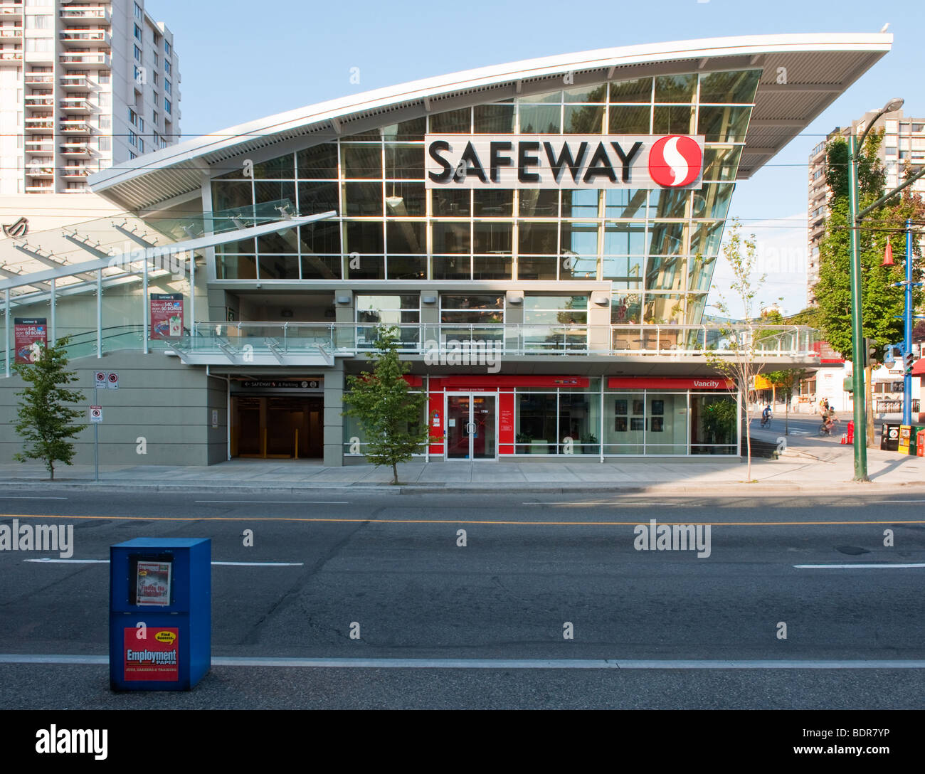 'Safeway' supermarket at the corner of Robson Street and Denman Street, Vancouver, BC, Canada Stock Photo