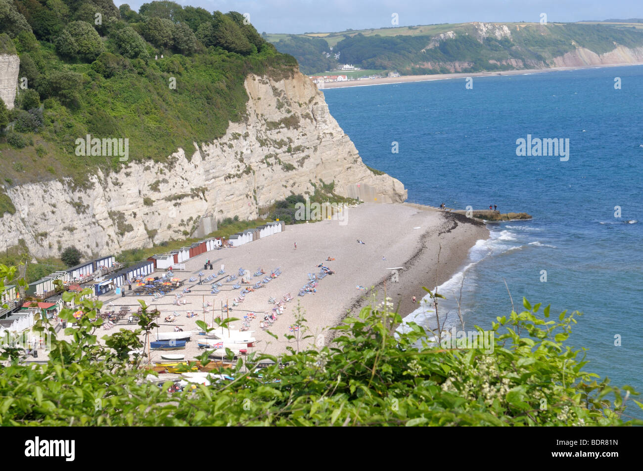 Beach and white cliffs on the Jurassic Coast at Beer Devon England Stock Photo