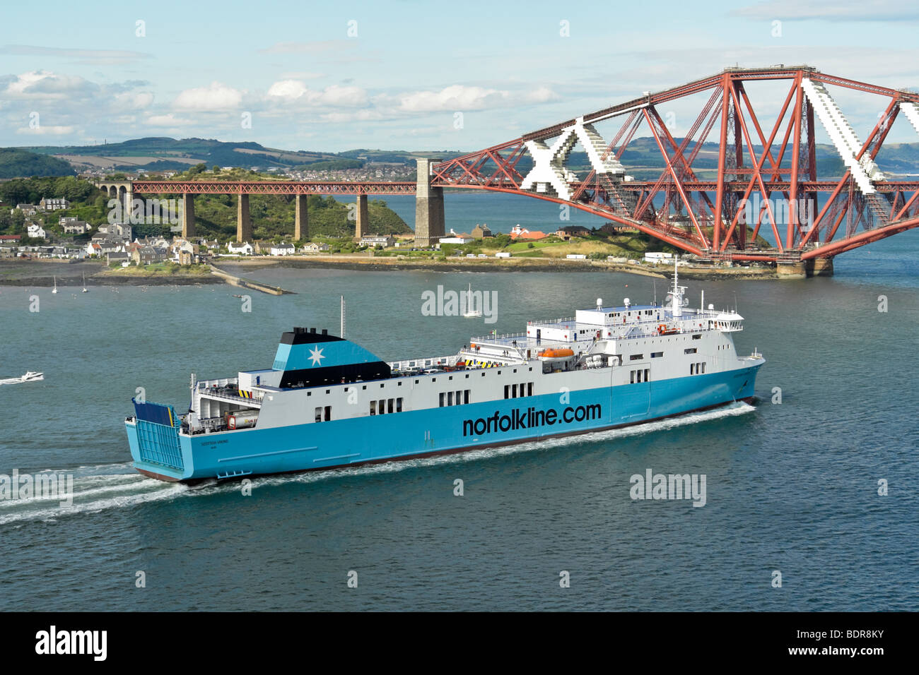 Norfolk Line car ferry Scottish Viking has just passed under the Forth Road Bridge heading