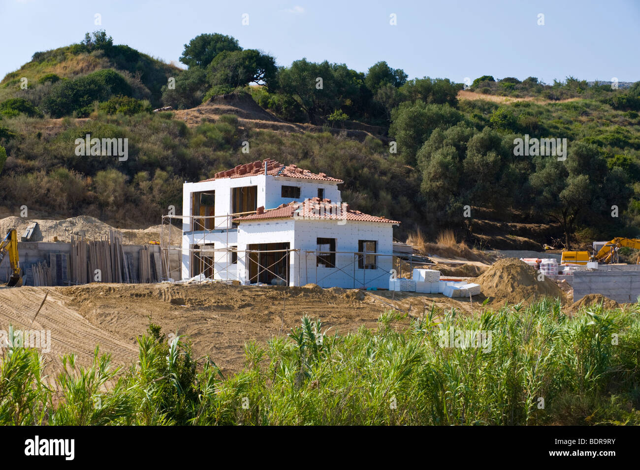 House of frame construction being built at Mounda beach on the Greek Mediterranean island of Kefalonia Greece GR Stock Photo