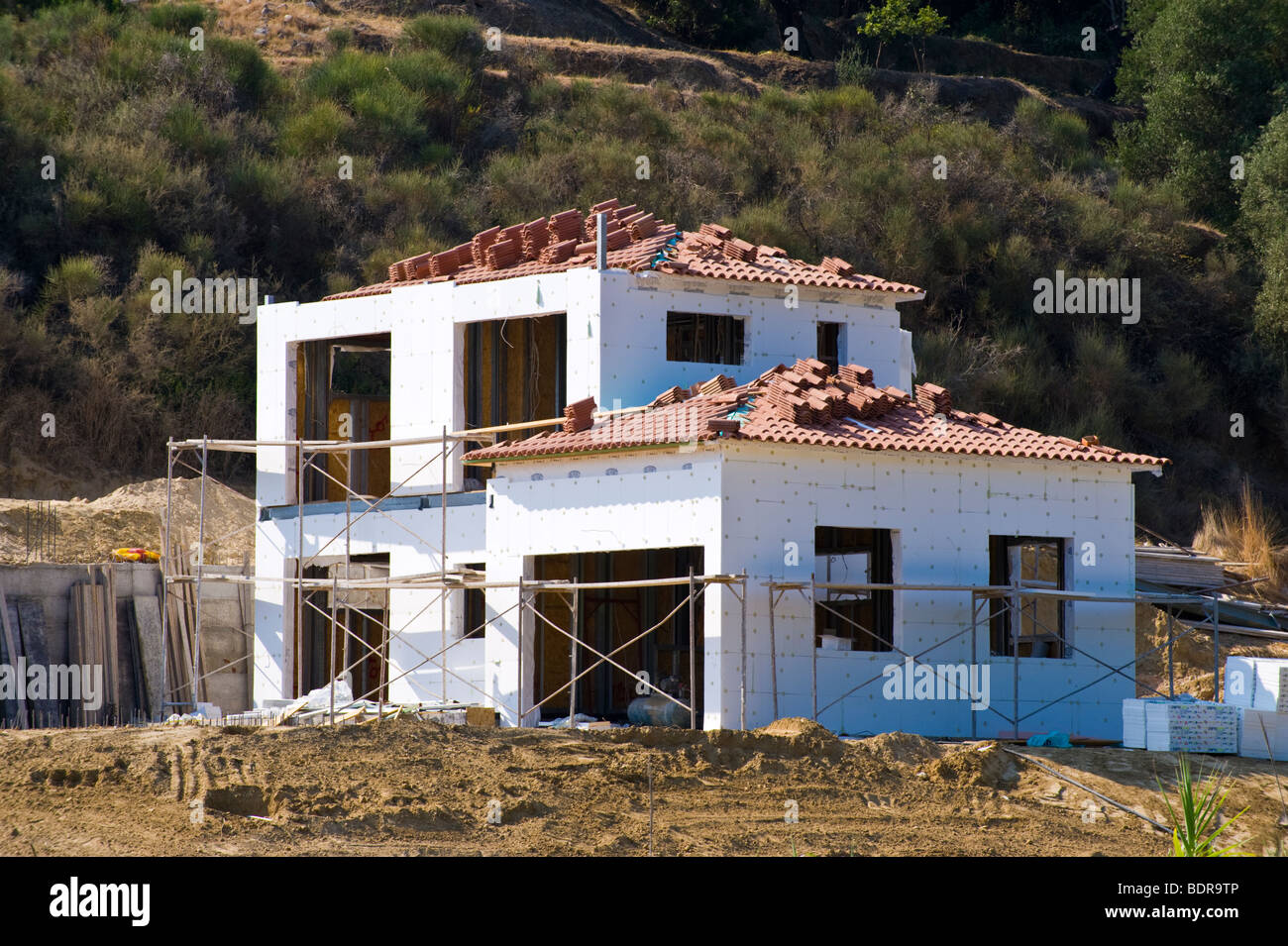 House of frame construction being built at Mounda beach on the Greek Mediterranean island of Kefalonia Greece GR Stock Photo
