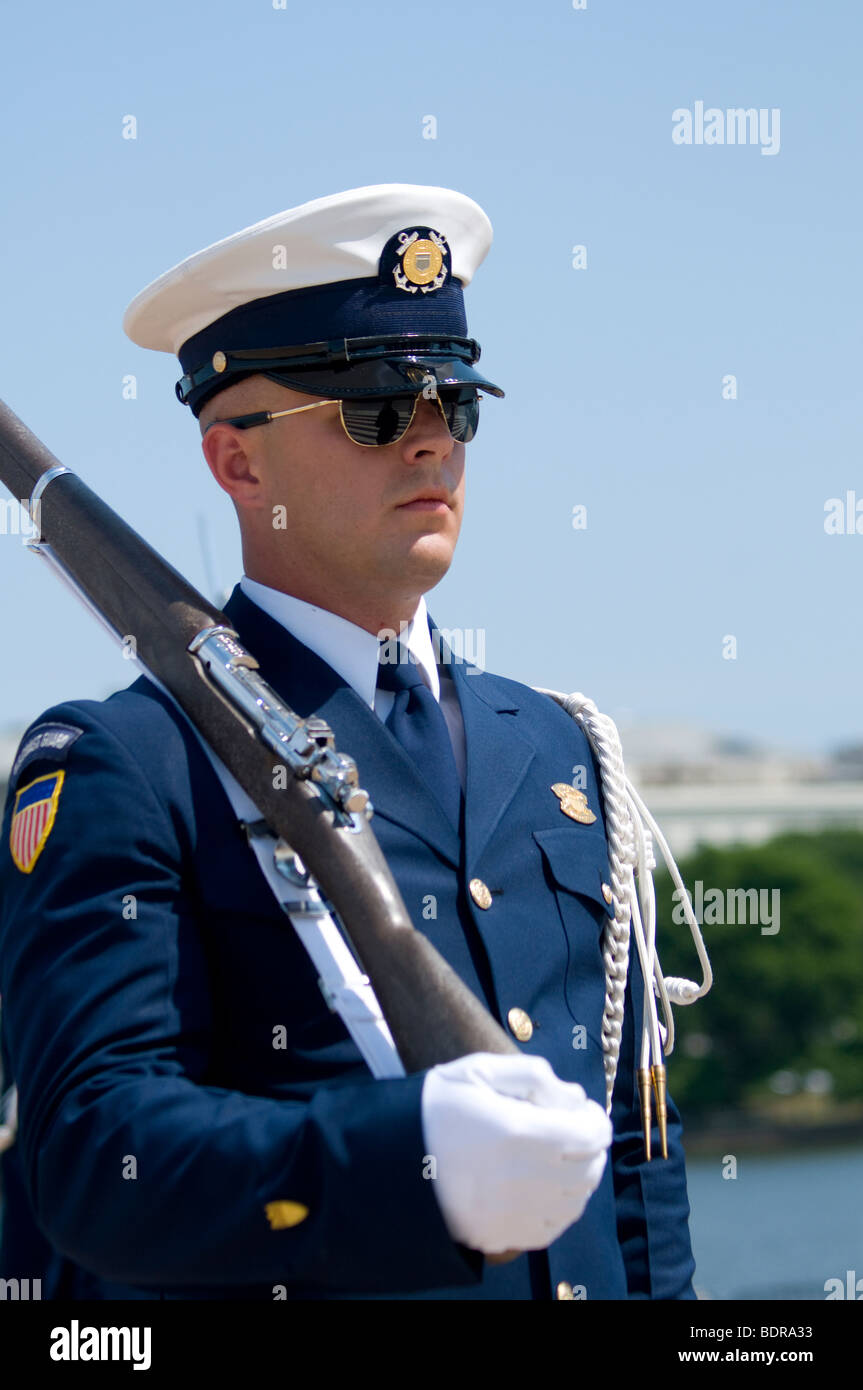 A member of the US Coast Guard Silent Drill Team, part of the Honor Guard, at the Jefferson Memorial in Washington, DC. Stock Photo