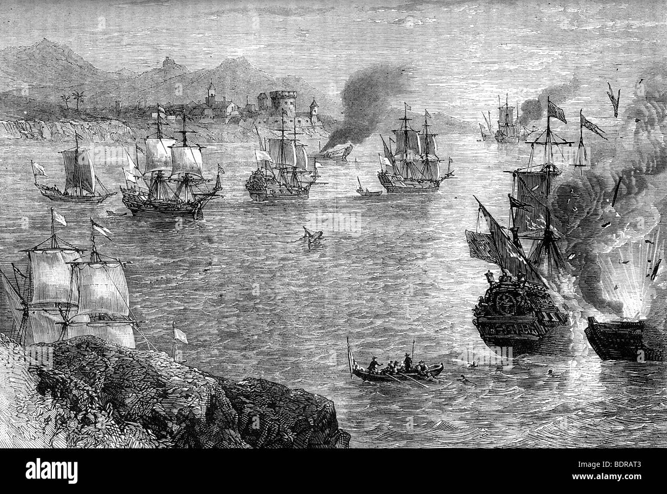Captain Morgan's defeat of the Spanish fleet, 1660s (c1880). Artist: Unknown Stock Photo