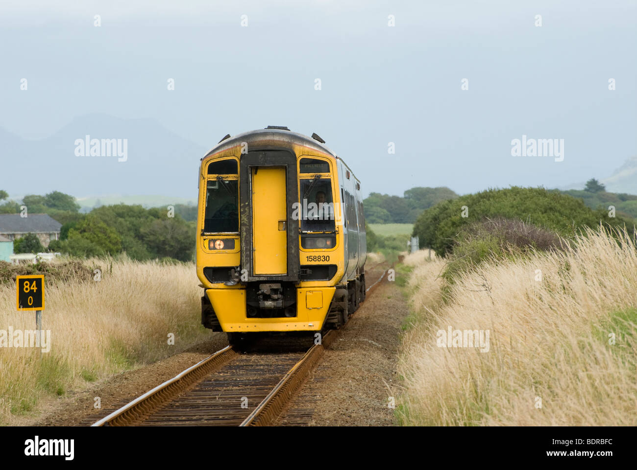 Class 158 train in Arriva Train Wales livery bound for Pwllheli on the welsh Cambrian coast line, Wales Stock Photo