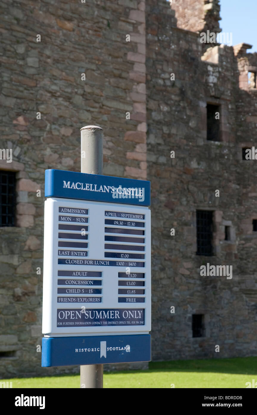 Historic Scotland price list sign at MacLellan's Castle, Kirkcudbright, Scotland. Stock Photo