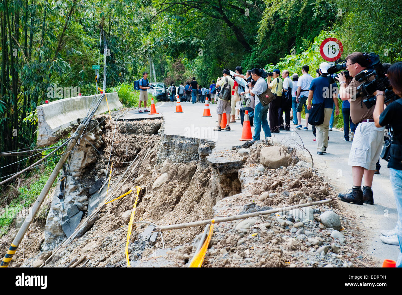 Road Destroyed By Typhoon Morakot Musdslide near Shiao Lin Village, Kaohsiung County, Taiwan, August 31, 2009 Stock Photo