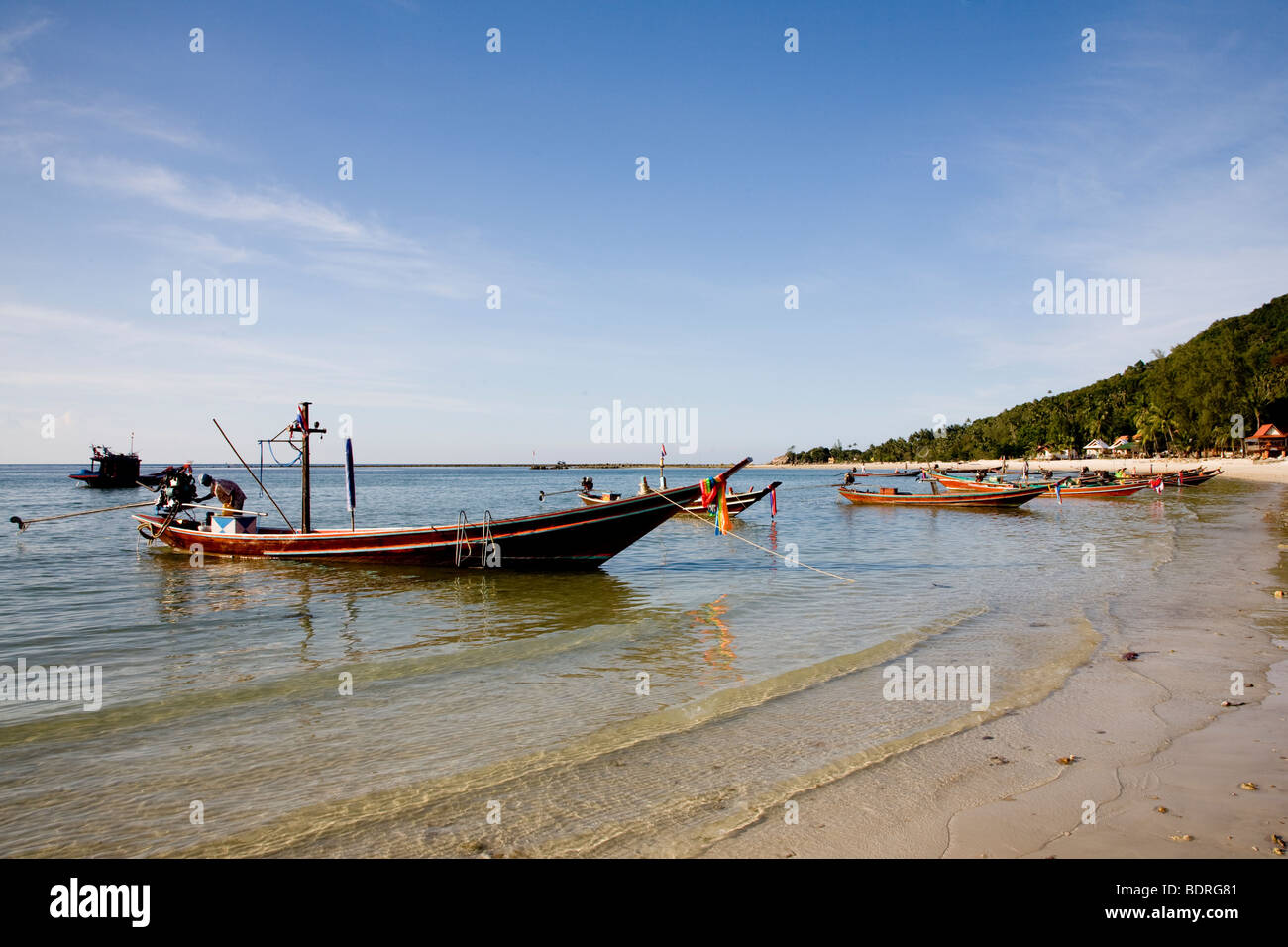 Long tail boats on Ao Chaloklum, Koh Pha Ngan, Thailand Stock Photo