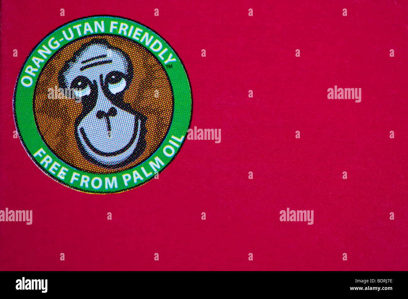 Orang-Utan Friendly, Free from palm oil food packaging advice label Stock Photo