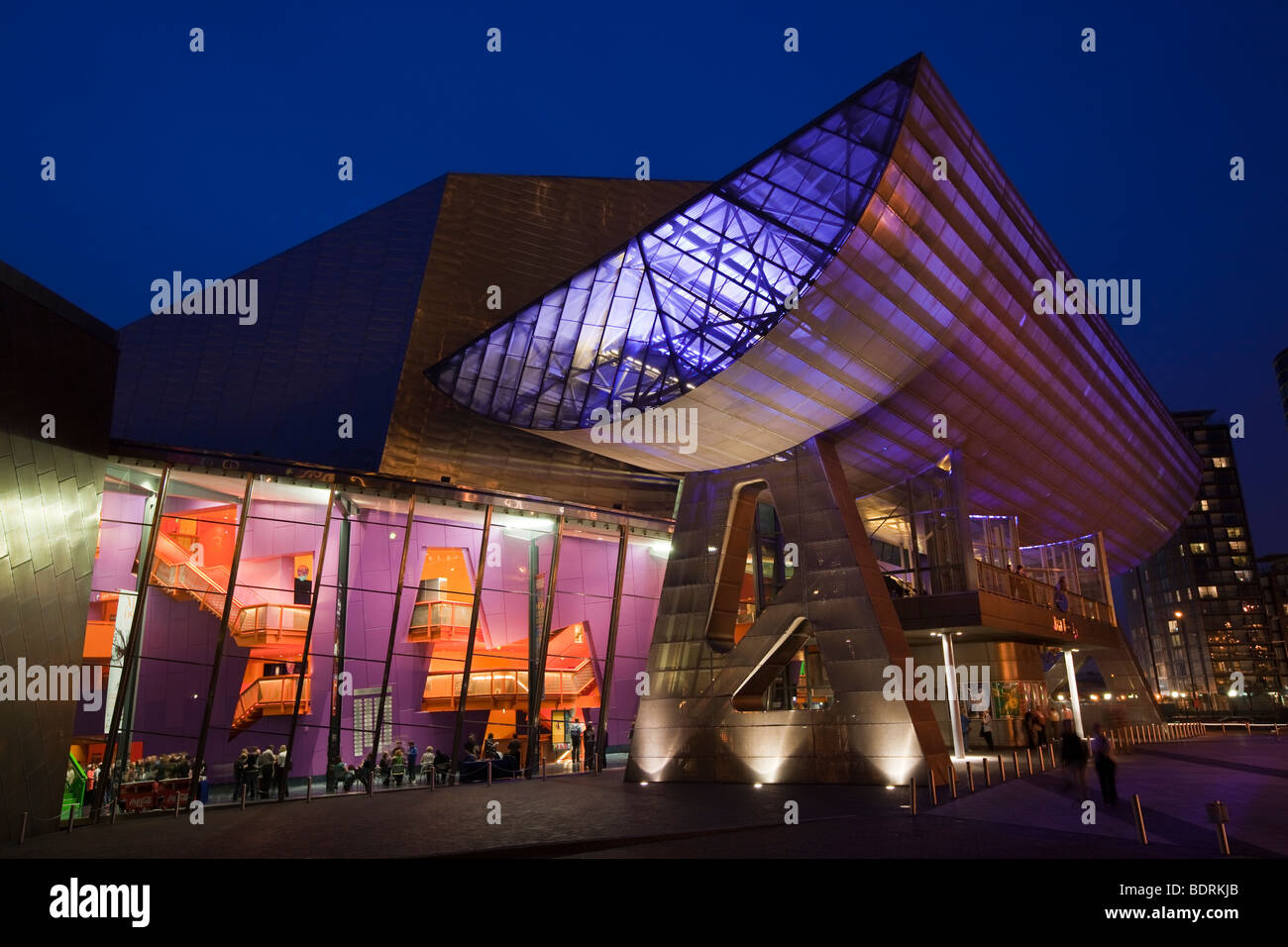 UK, England, Salford Quays, Lowry Centre and Lyric Theatre entrance at night Stock Photo