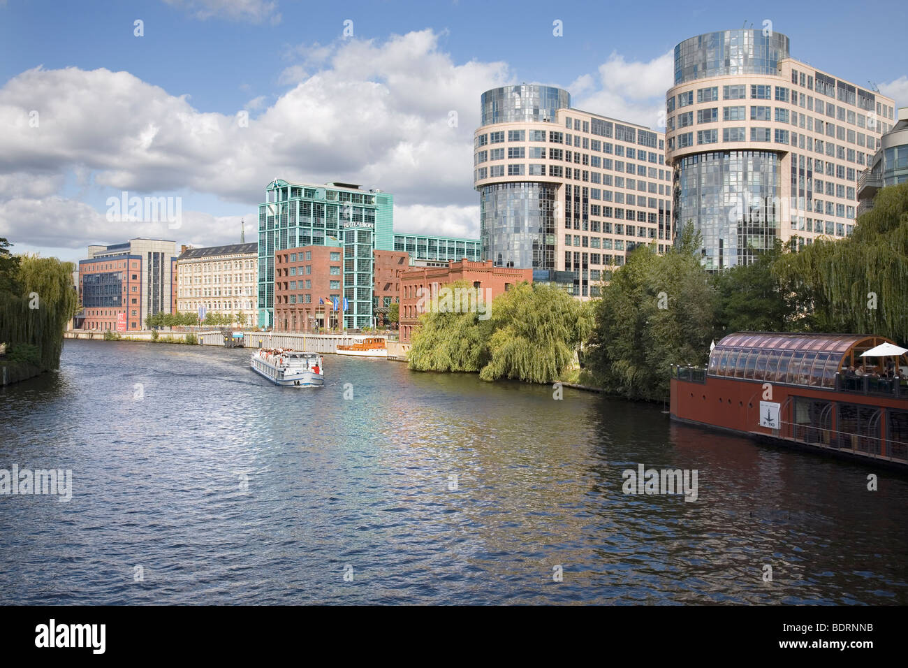 River Spree / Alt Moabit with Federal Ministry of the Interior, Hotel Abion / Old Bolle Dairy & Focus Teleport, Berlin, Germany Stock Photo