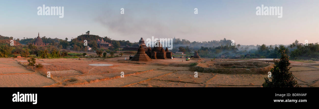 Temple Panorama showing plain of temples at Mrauk U including Sit-Thaung one of the holiest sites in the Theravada Buddhist Reli Stock Photo