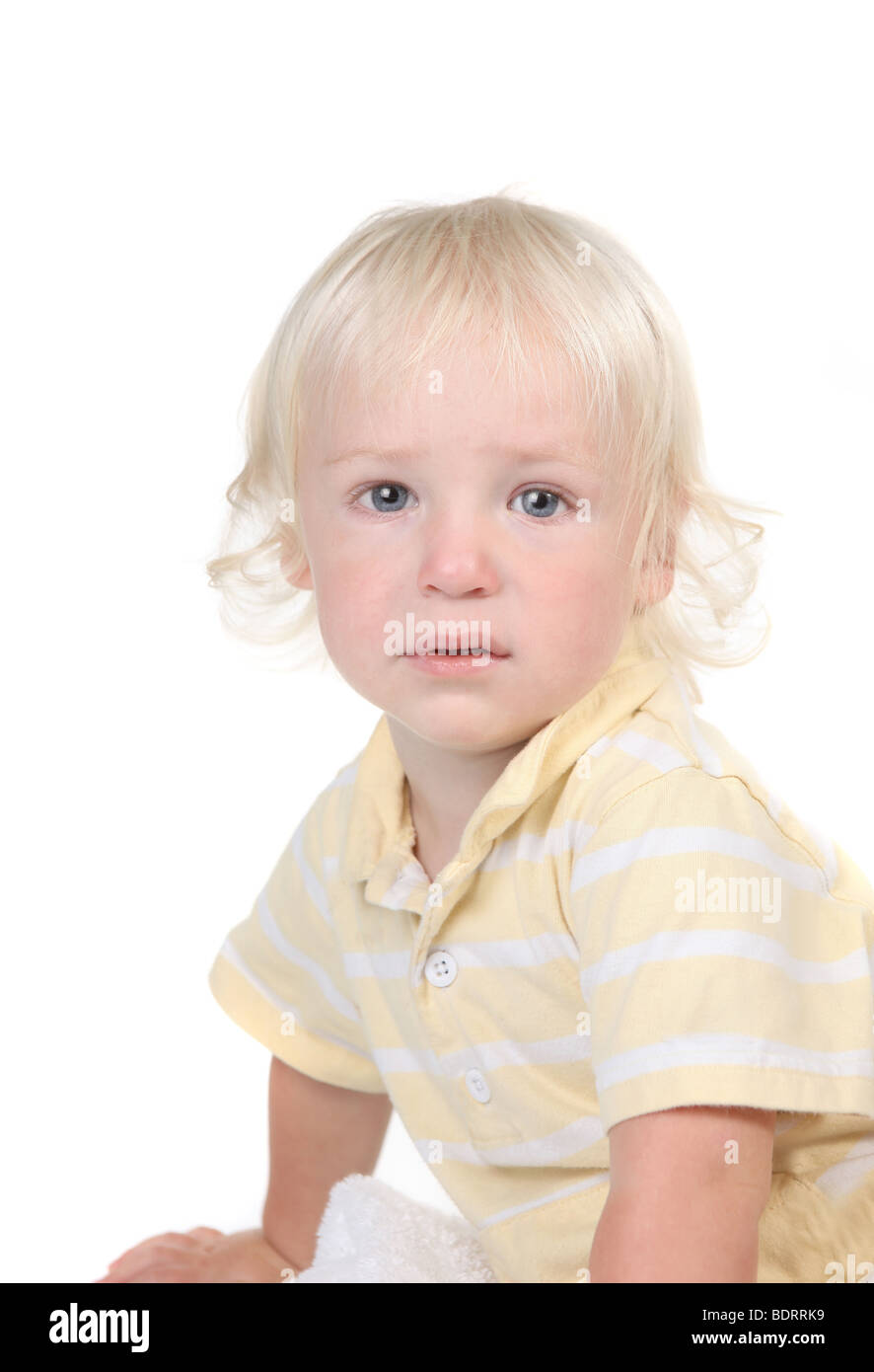 Serious Handsome Infant Toddler Boy With Blue Eyes And Blonde Hair
