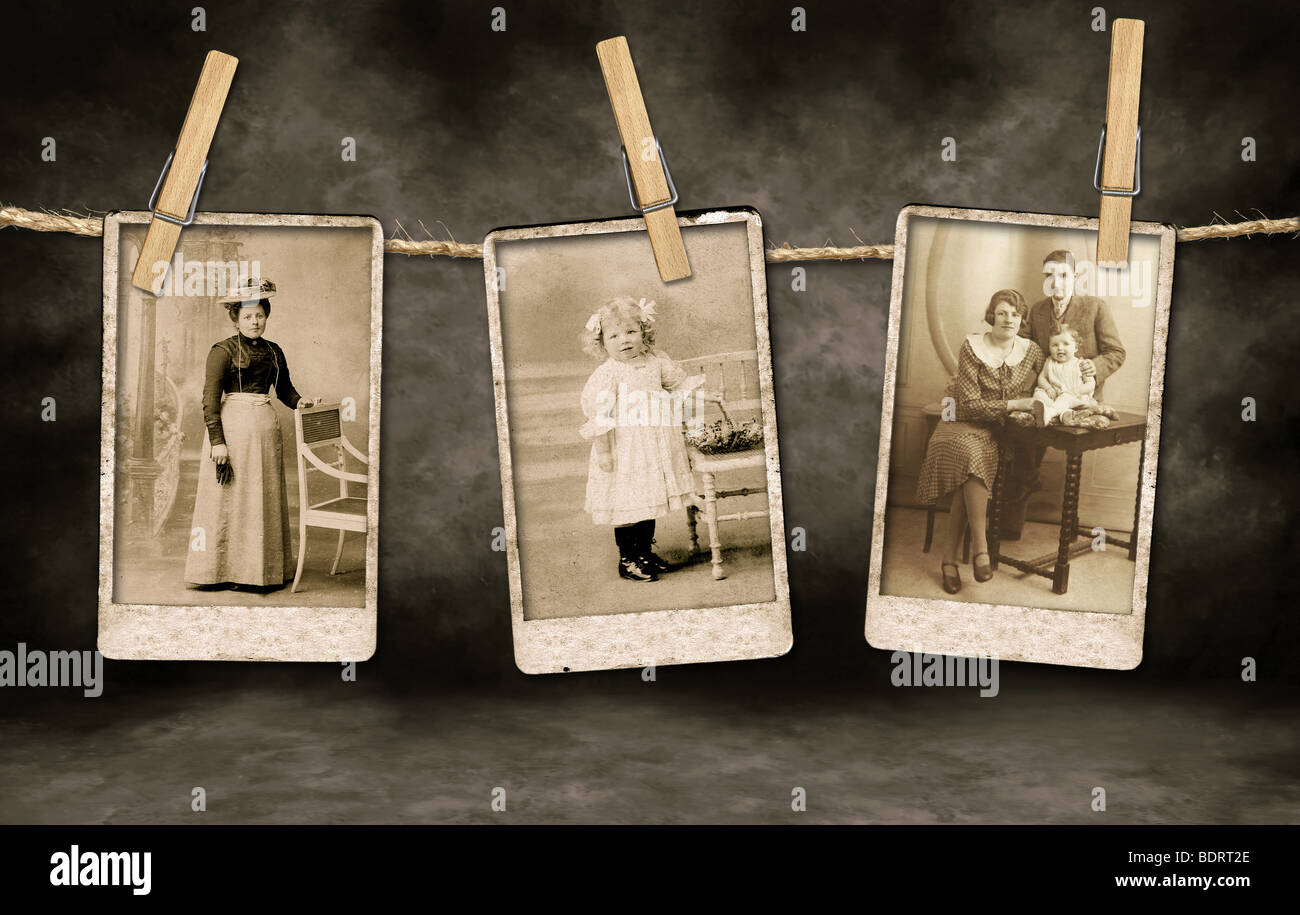 Three Authentic Vintage Family Photographs Hanging on a Rope By Clothespins Stock Photo