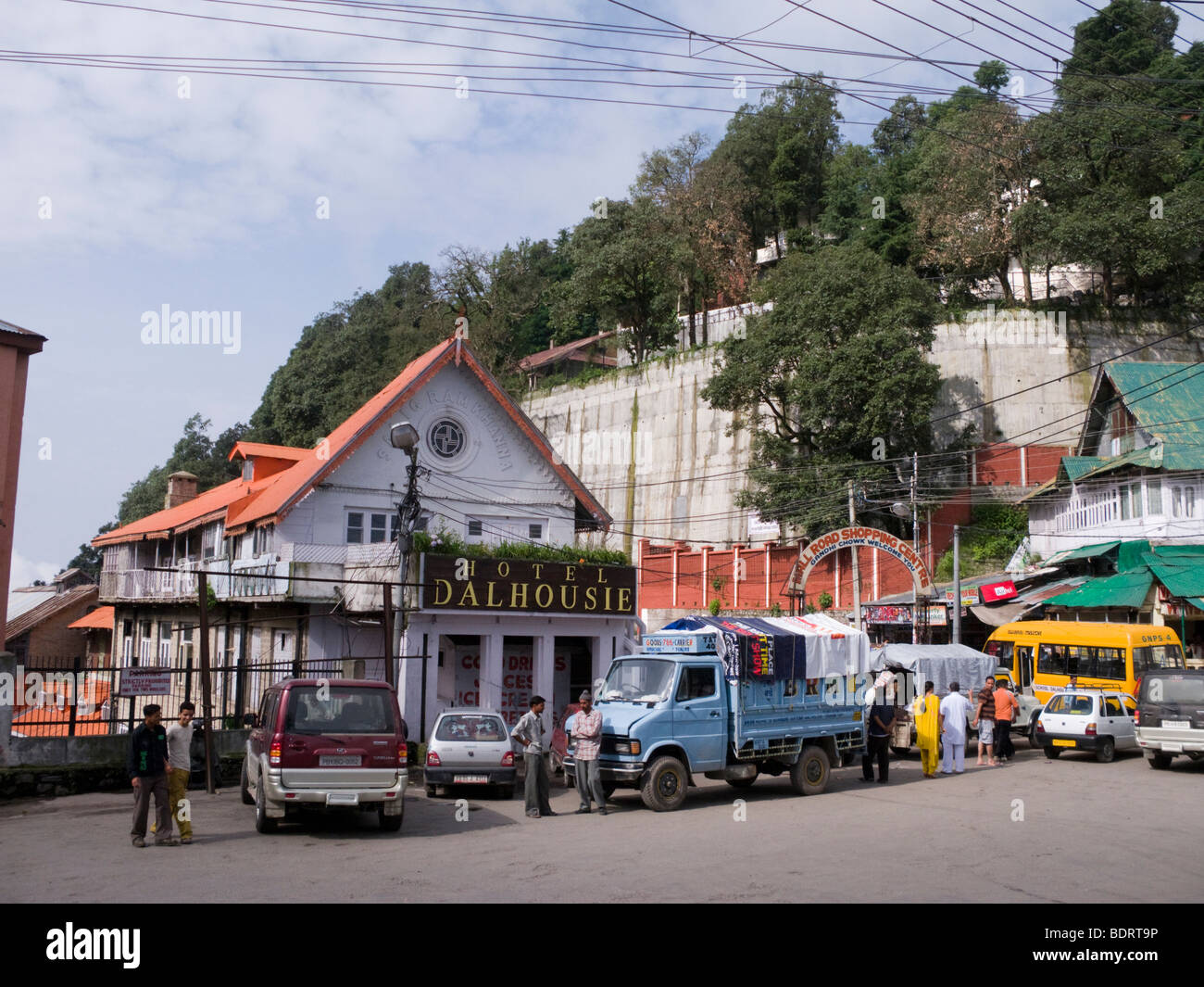 Front exterior of the Hotel Dalhousie in a typical road scene in central Dalhousie. Himachal Pradesh. India. Stock Photo