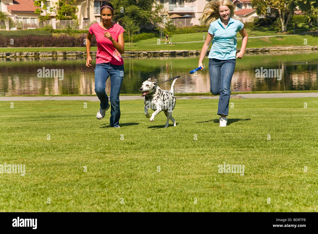 USA US 11-13 years old year olds hanging out run dalmatian children fun child playing play plays dog owner front view United States  MR   © Myrleen Pearson Stock Photo