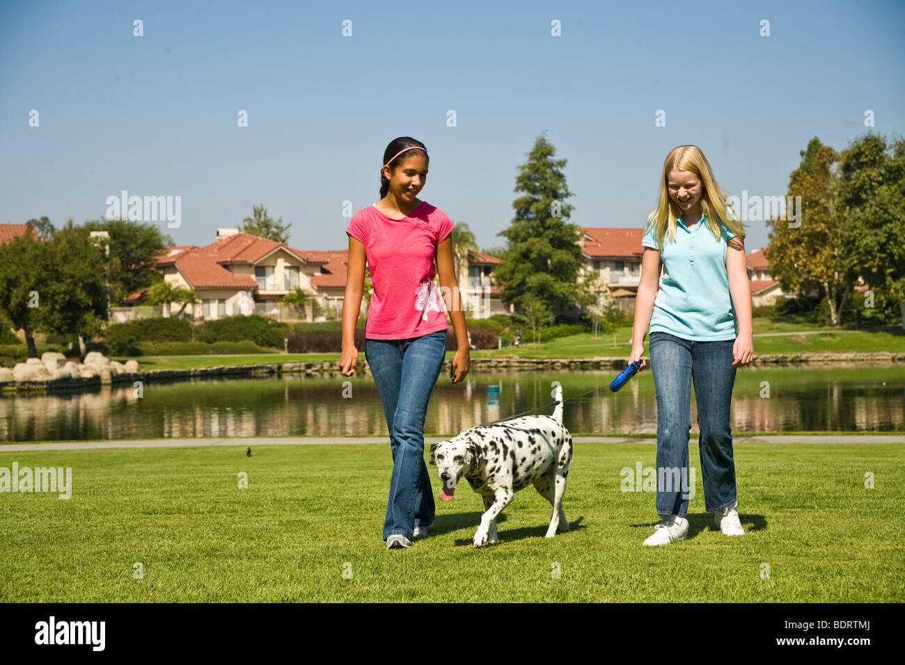 mixed diversity Tween tweens 11-13 year old years hang hanging out Hispanic Caucasian walk dog talk neighborhood park front US USA  © Myrleen Pearson Stock Photo