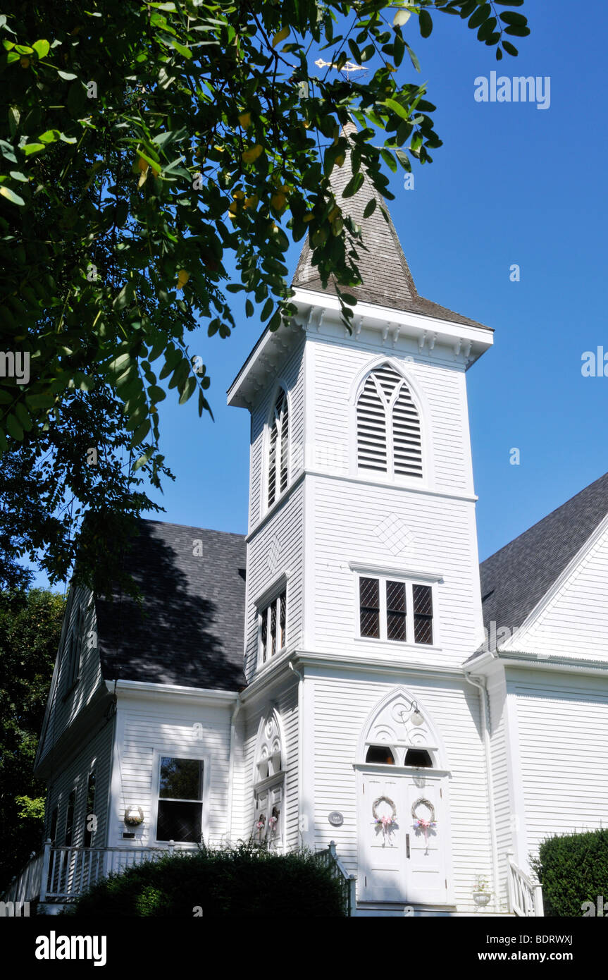 Old white New England Methodist church in West Falmouth Cape Cod, MA